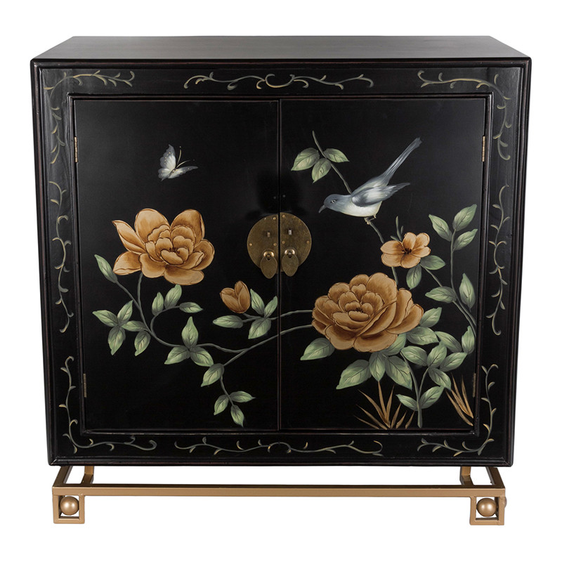 Комод черный с дверцами Розовый куст Chinese Rose on Black