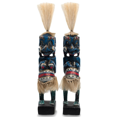 Комплект из 2-х деревянных статуэток Asmat Straw Headdress Statuettes Blue Colorful Tattoo