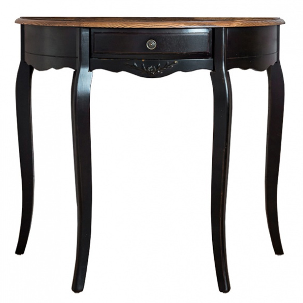 Консоль черная полукруглая из массива березы с ящиком и состаренным эффектом Vintage