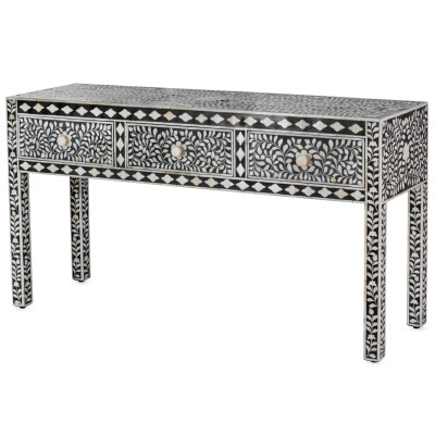 Консоль черный орнамент отделка кость BONE INLAY CONSOL TABLE 3 DRAWER
