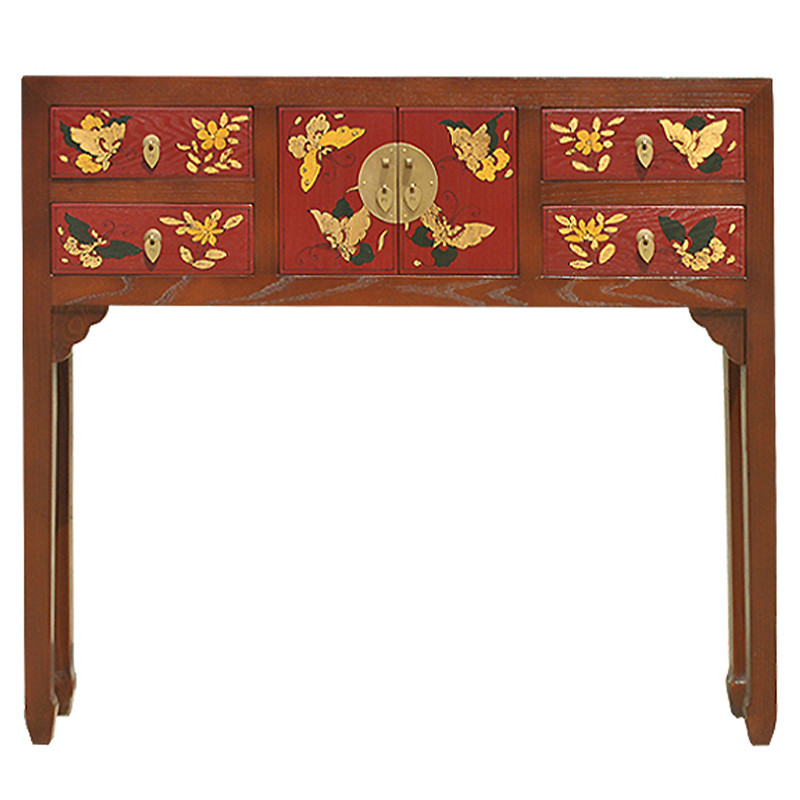 Коричневая консоль из массива сосны в Китайском стиле с красными ящиками Wood Console Chinese