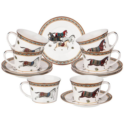 Кофейный сервиз из фарфора с изображением лошадей на 6 персон 12 предметов 180 мл Porcelain Horse Set