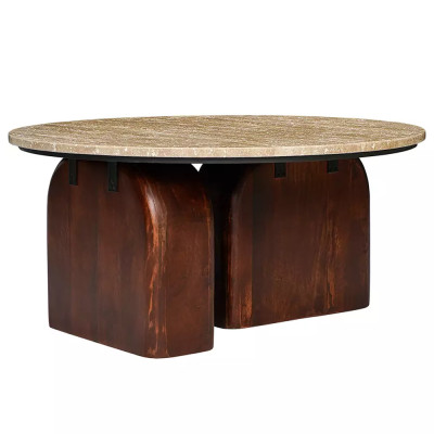 Кофейный столик с круглой столешницей на 2-х массивных деревянных ножках Tandem Travertine and Wood