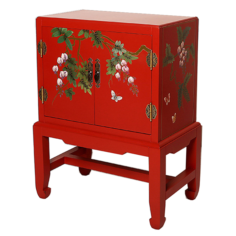 Красная Тумба в Китайском Стиле ручная роспись Бабочки и Ветвь Butterflies and Branch Nightstand