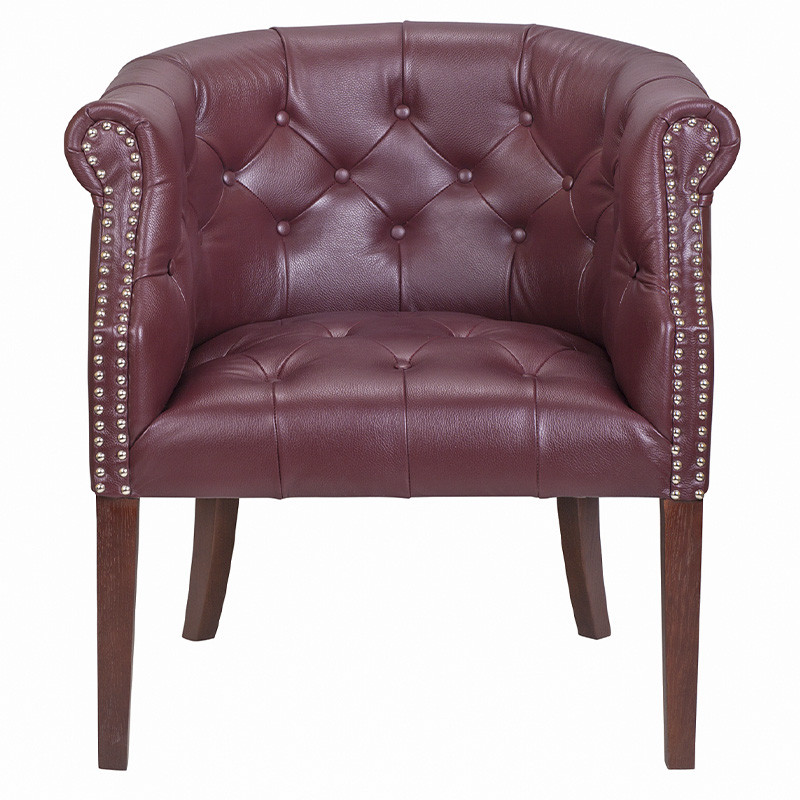 Кресло низкое из натуральной кожи на 4-х деревянных ножках из массива бука Chloe Leather Armchair vine