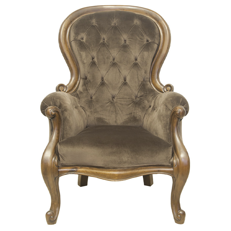 Кресло с мягкой обивкой из коричневого велюра на 4-х деревянных ножках Evelyn Classical Armchair