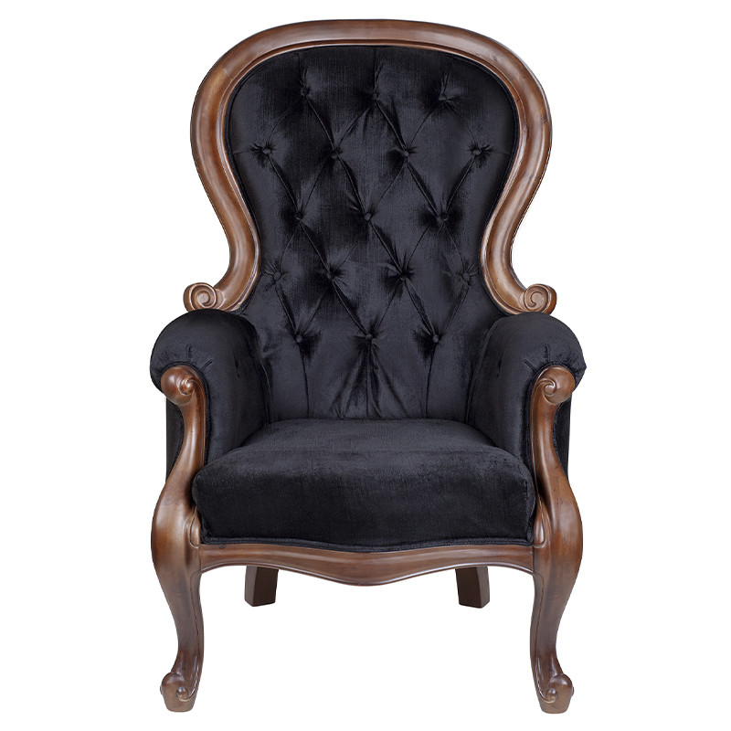 Кресло с мягкой обивкой из черного велюра на 4-х деревянных ножках Evelyn Classical Armchair