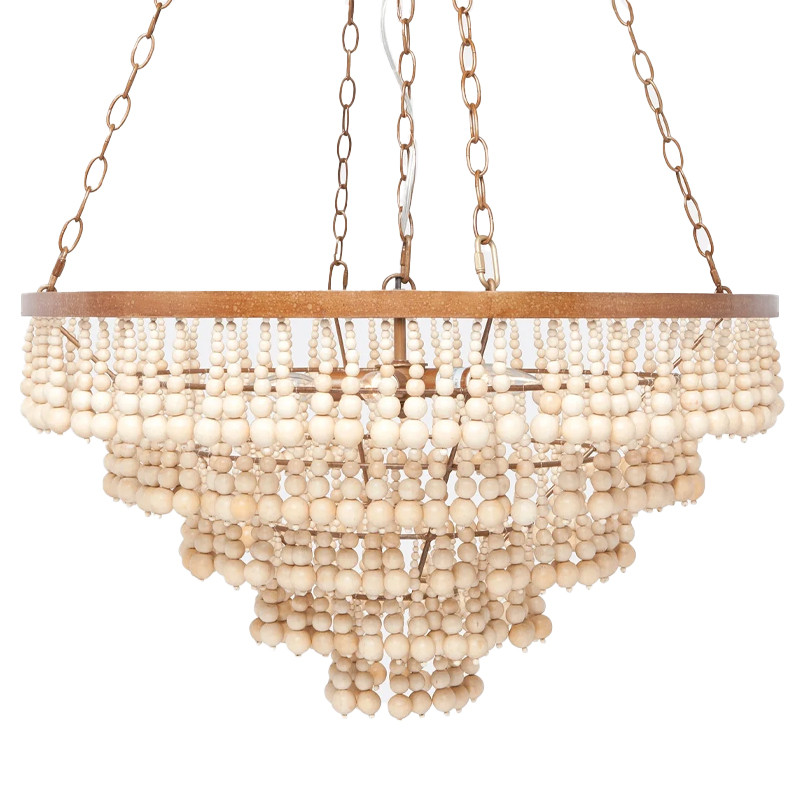 Круглая многоярусная люстра с круглыми деревянными подвесками Wooden Beads Chandelier Cream