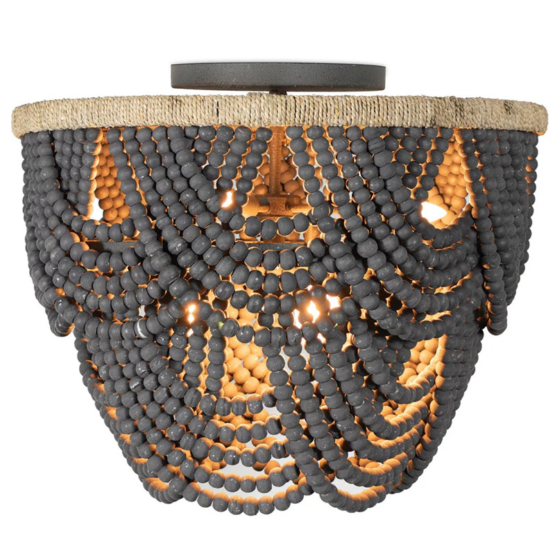 Круглый потолочный светильник с подвесками из круглых деревянных бусин Wooden Beads Black Ceiling Lamp