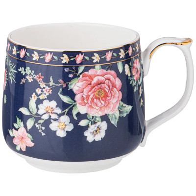 Кружка фарфоровая синяя с цветочным принтом 470 мл Flower Porcelain Collection