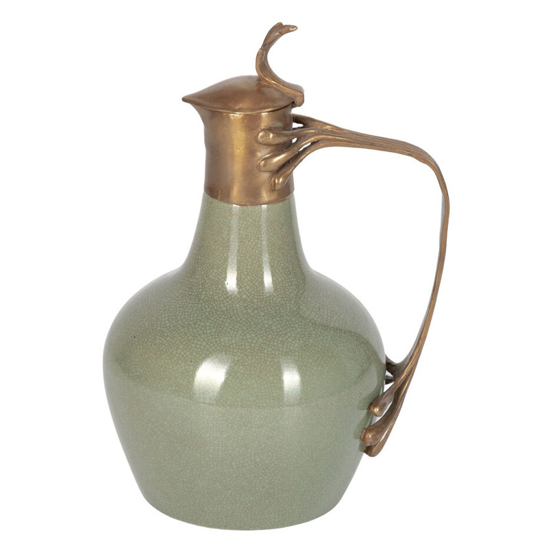 Кувшин зеленого цвета из фарфора с бронзовой крышкой и изогнутой ручкой Eden Garden porcelain and bronze
