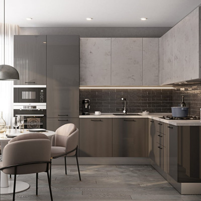 Кухонный гарнитур с серым глянцевым фасадом Onfroi Moss Grey Kitchen Set