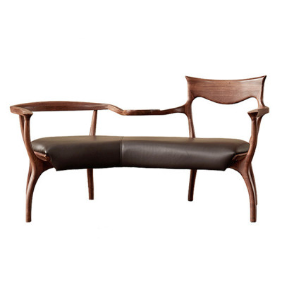 Кушетка с деревянным каркасом и сиденьем из коричневой натуральной кожи Moon Walnut Furniture