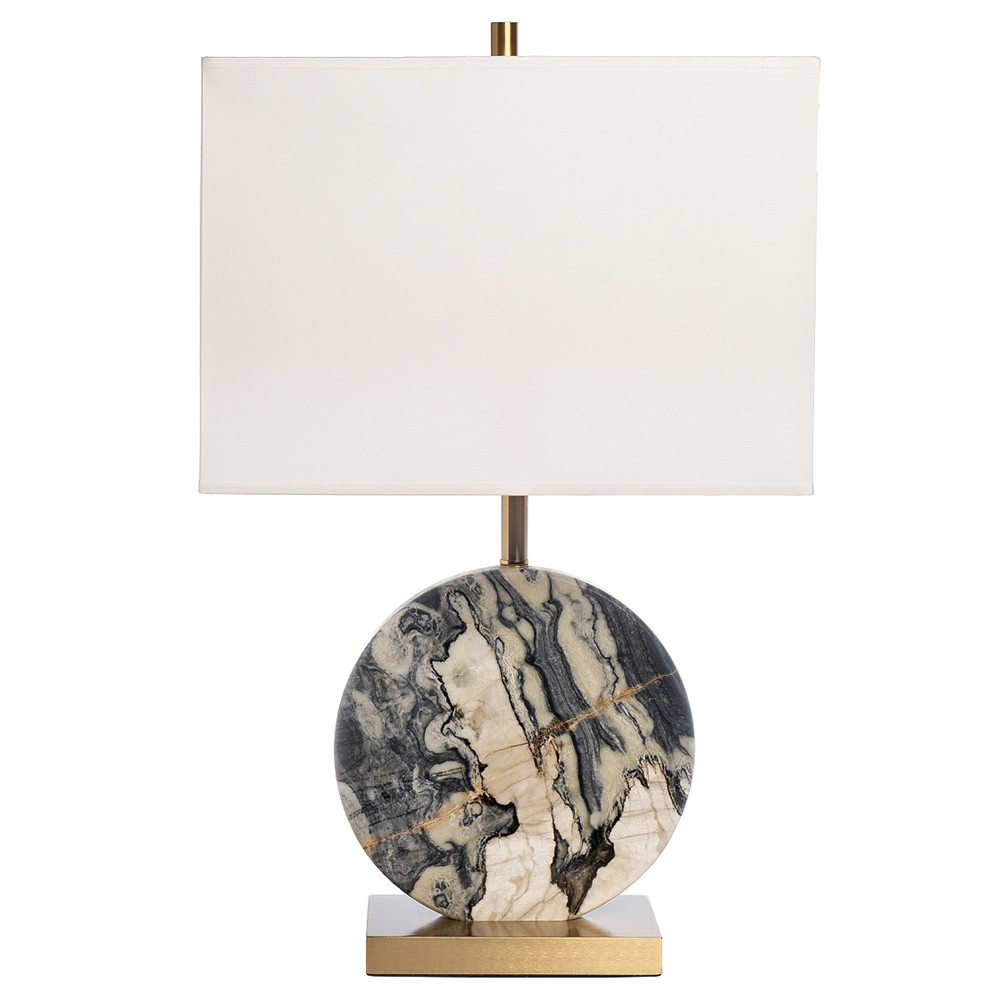Лампа настольная с белым тканевым абажуром на мраморном основании в форме диска Decorativeness