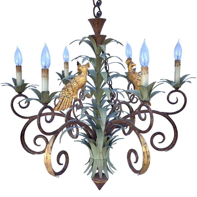 Люстра Дизайнерская Пальма с Попугаями Large Palm Leaf and Parrot Tole Chandelier