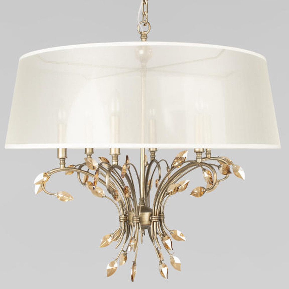 Люстра подвесная круглая с тканевым полупрозрачным абажуром и подвесками 6 ламп Gilded Elegance