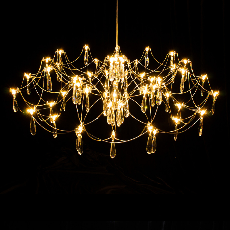 Люстра подвесная округлой формы с хрустальными подвесками и тонкими металлическими нитями Золото Диаметр 88 см Quasar