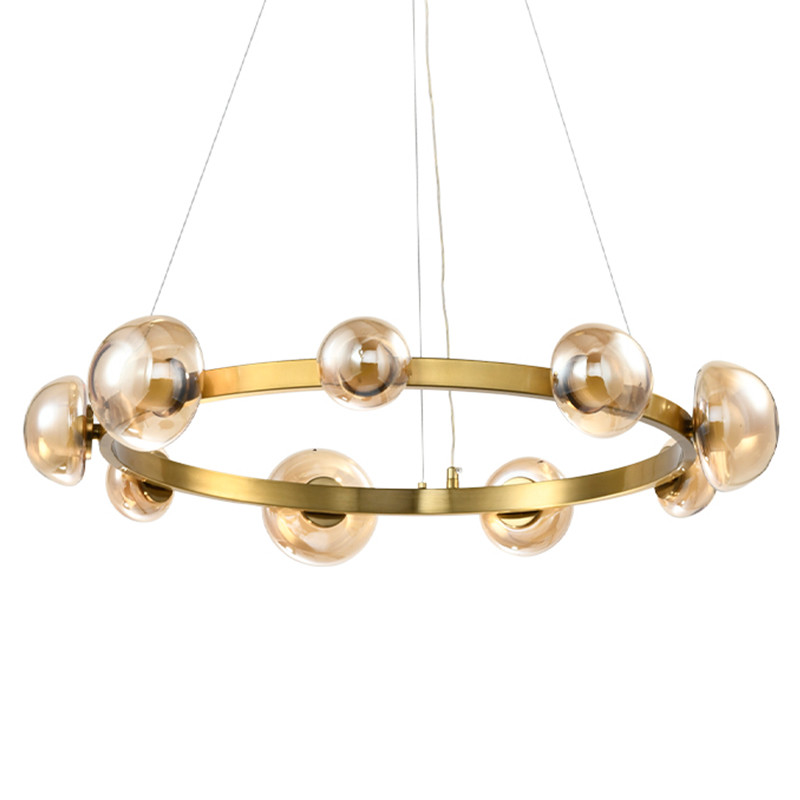 Люстра подвесная светодиодная с 9-ю круглыми плафонами коньячного цвета Iona Chandelier Brass