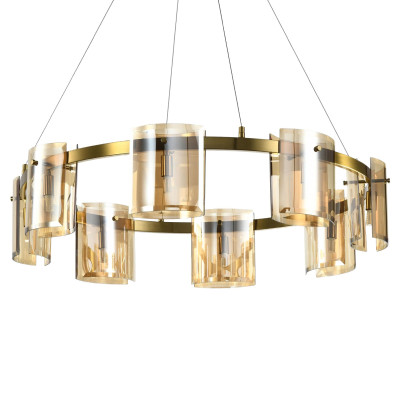 Люстра светодиодная с 8-ю цилиндрическими плафонами янтарного цвета из стекла и стали Andrea Сhandelier Amber