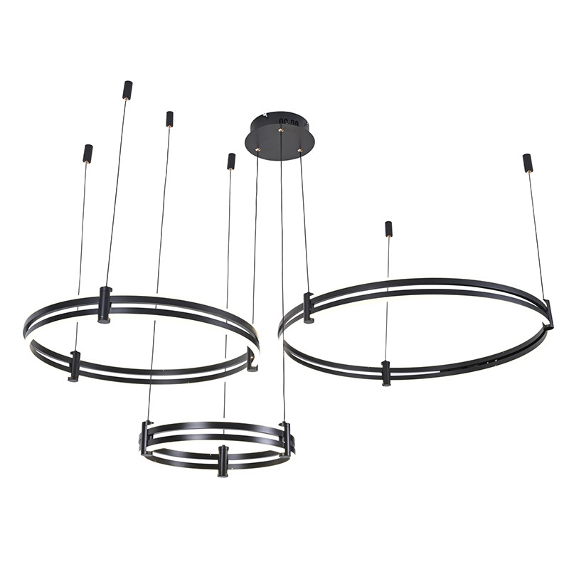 Люстра светодиодная с черно-белыми плафонами в форме колец из акрила и стали с пультом для регулировки света Ring Horizontal Black