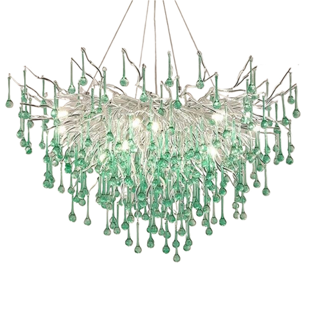Люстра серебрянная с зелеными стеклянными подвесками в форме капель FAIRYTREE Light