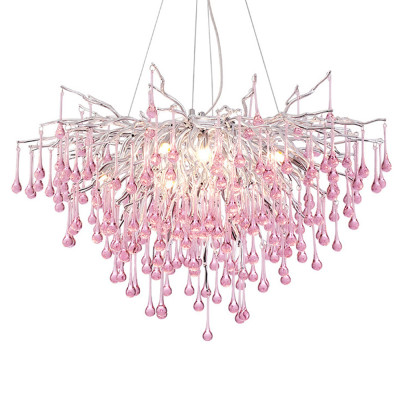 Люстра серебрянная с розовыми стеклянными подвесками в форме капель FAIRYTREE Light