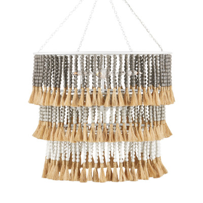 Люстра трехъярусная с декором из круглых деревянных бусин с кисточками Gray Brown Wooden Beads Chandelier