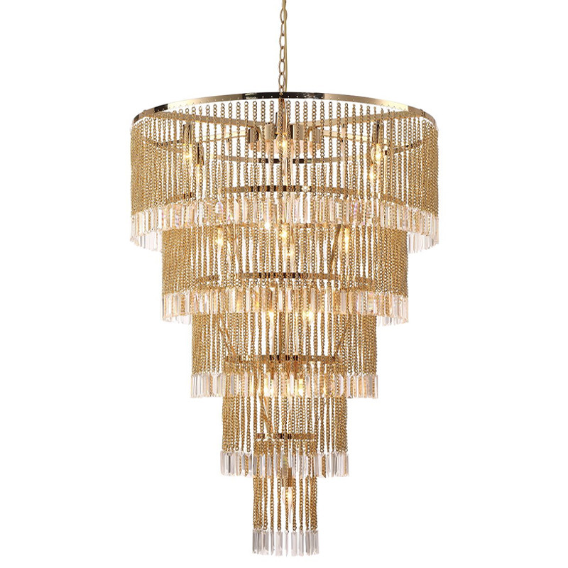 Многоярусная люстра с подвесками из хрусталя на золотых цепочках Goldy