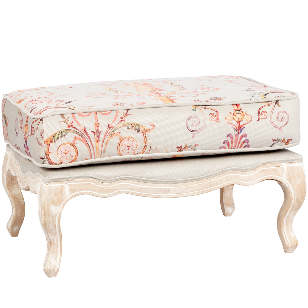 Мягкая банкетка из массива бука серая с растительным орнаментом Raffael Grey Floral Banquette