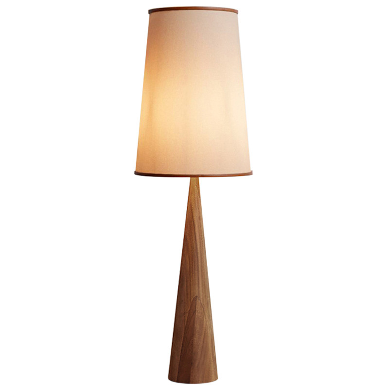 Напольный светильник с трапециевидным текстильным абажуром на коническом основании из цельного дерева SARAS