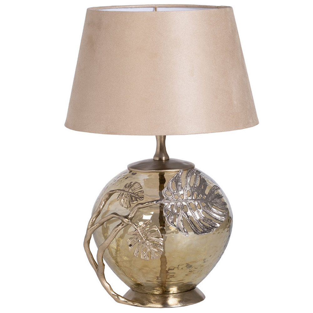 Настольная лампа бежевая с круглым стеклянным основанием Silver Monstera Leaf