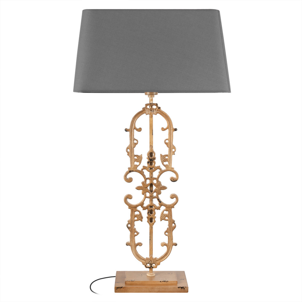 Настольная лампа на ажурном чугунном основании с тканевым серым абажуром Openwork Lamp