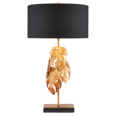 Настольная лампа с каркасом из тропических листьев и круглым черным абажуром Tropical Leaves Monstera