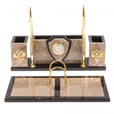 Настольный письменный набор из бежевого мрамора с часами и гербом Marble Accessory
