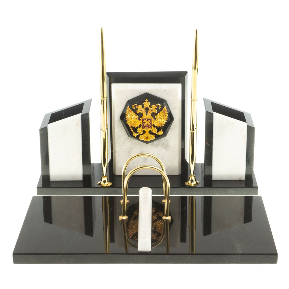 Настольный письменный набор из мрамора и змеевика с гербом России Marble Accessory
