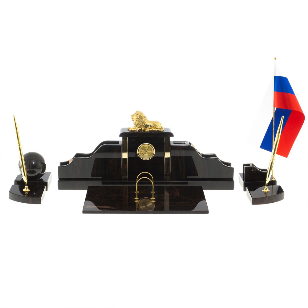 Настольный письменный набор из чёрного обсидиана с декором в виде льва Golden Lion
