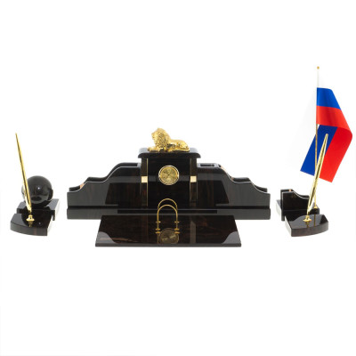 Настольный письменный набор из чёрного обсидиана с декором в виде льва Golden Lion