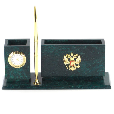 Настольный письменный набор с гербом России и часами из природного камня змеевик Successful Leader