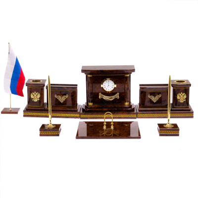 Настольный письменный набор с часами и визитницами из природного камня обсидиана Royal Present