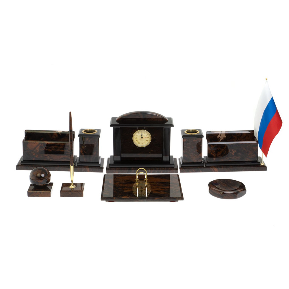 Настольный письменный набор с часами из природного камня обсидиана  Gift for Manager