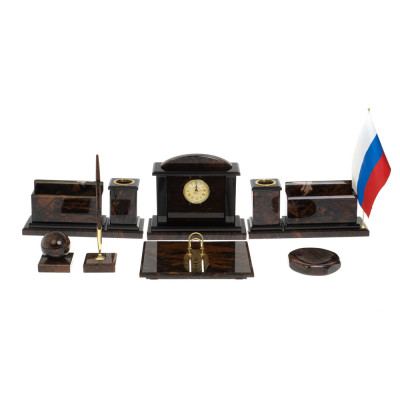 Настольный письменный набор с часами из природного камня обсидиана Gift for Manager
