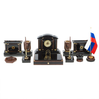 Настольный письменный набор с часами из природного камня обсидиана Peace Contract