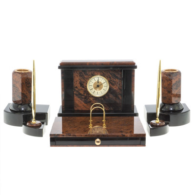 Настольный письменный набор с часами из природного камня обсидиана Royal Stone