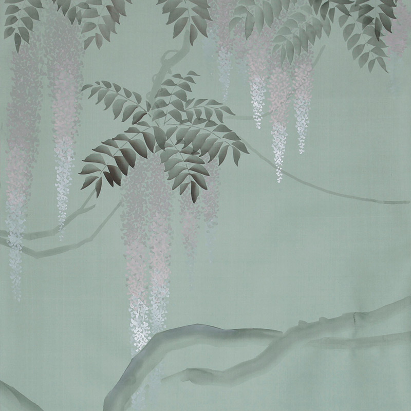 Обои в Японском стиле Wisteria Special Colourway on Blue Grey dyed silk