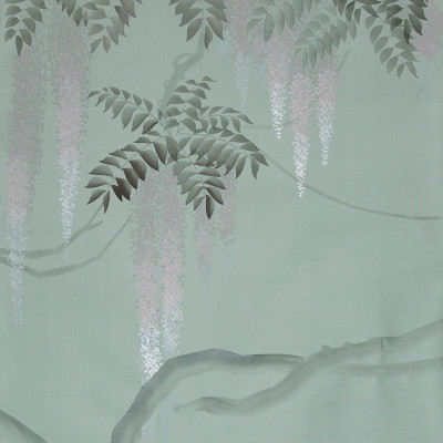 Обои в Японском стиле Wisteria Special Colourway on Blue Grey dyed silk