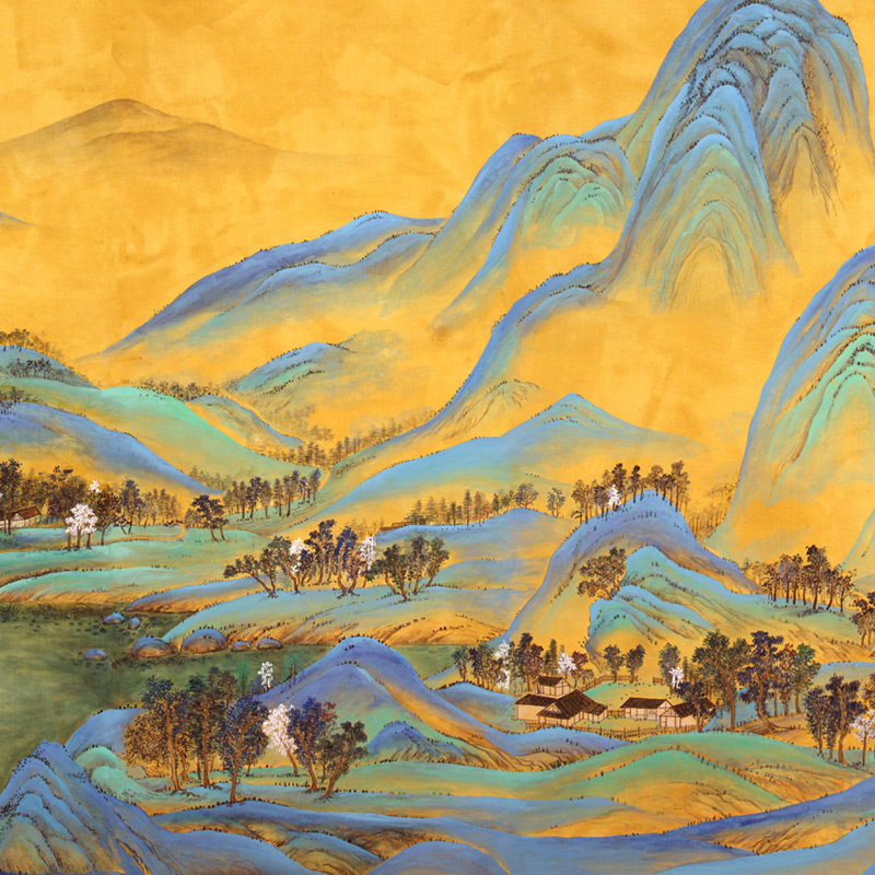 Обои ручная роспись A Thousand Li of Rivers and Mountains Original colourway on brown painted Xuan paper