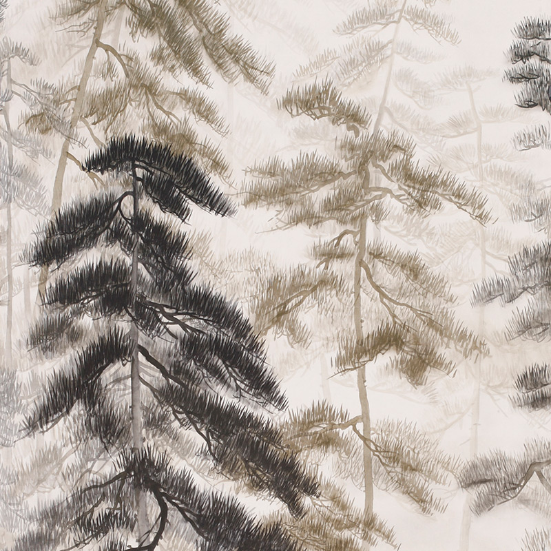 Обои ручная роспись Abstract Pines Dark Lacquer on Natural Mica metallic silk