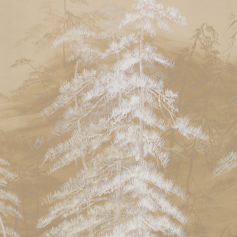 Обои ручная роспись Abstract Pines Original colourway on Stone Ochre dyed silk