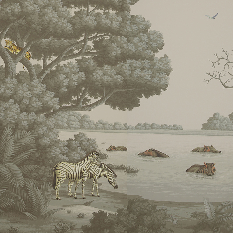 Обои ручная роспись African Savannah Eden on Crystal Grey scenic paper
