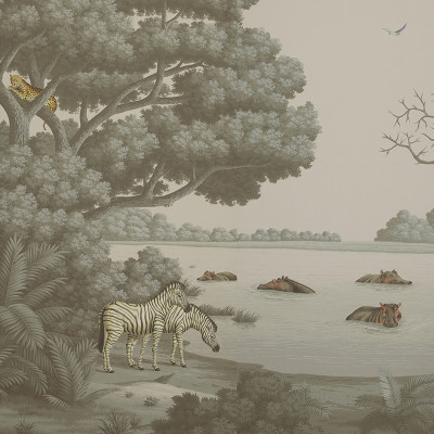 Обои ручная роспись African Savannah Eden on Crystal Grey scenic paper